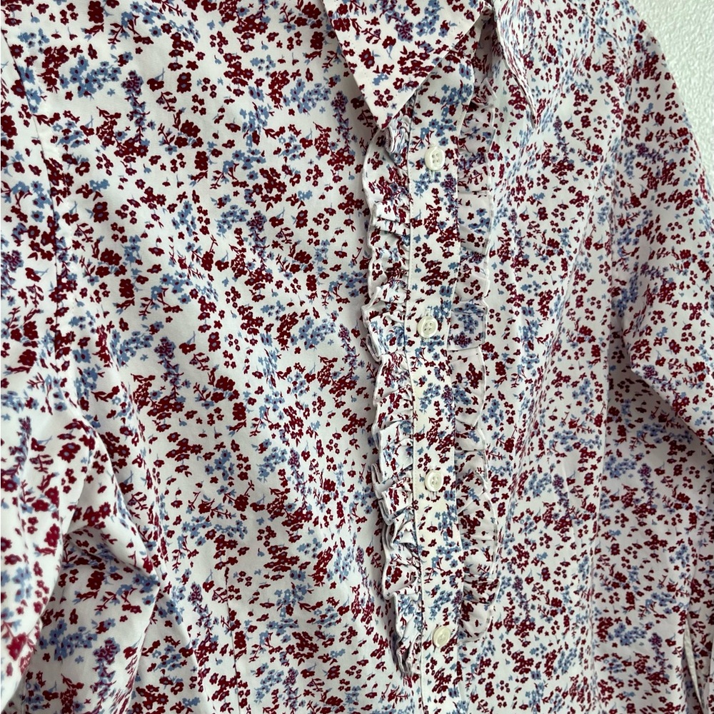 Brooks Brothers Women's Floral Shirt with Ruffled Front - Red and Blue Size 12 - Picture 3 of 7